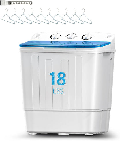 Portable Mini Twin Tub 18lbs Washing Machine With Drying Rack& 10 Hangers, 11lbs Washer & 7lbs