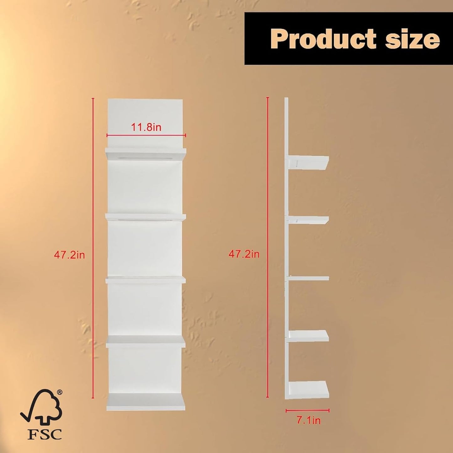 5 Tier Wall Shelf with Light, White Modern Vertical Lack Wall Shelves, Wall Mount, Floating Column