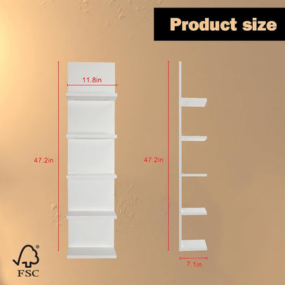 5 Tier Wall Shelf with Light, White Modern Vertical Lack Wall Shelves, Wall Mount, Floating Column