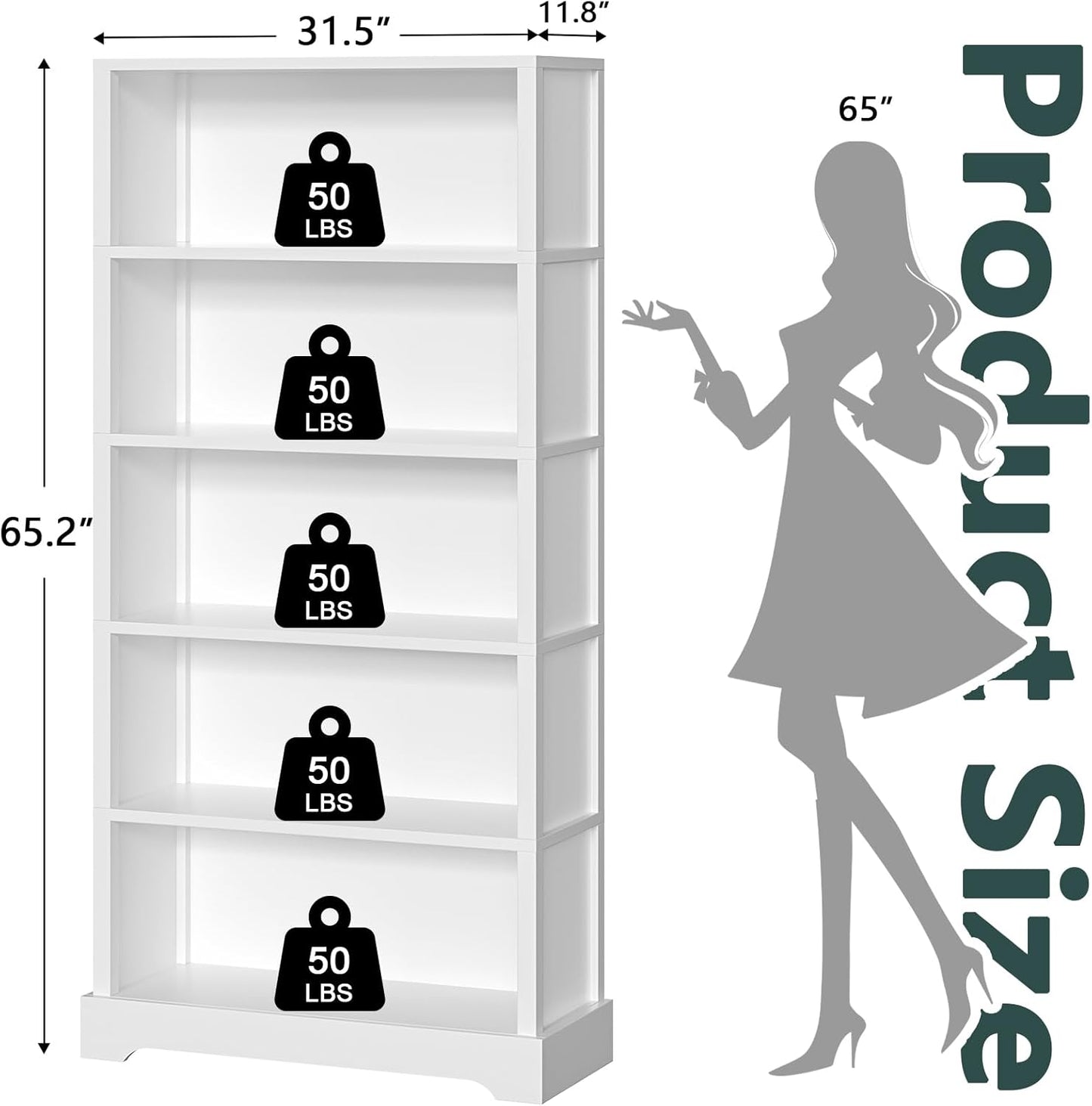 TVU 5-Shelf Wood Bookcase, 65 Inch Tall Bookshelf with Storage, Floor Standing Display Book