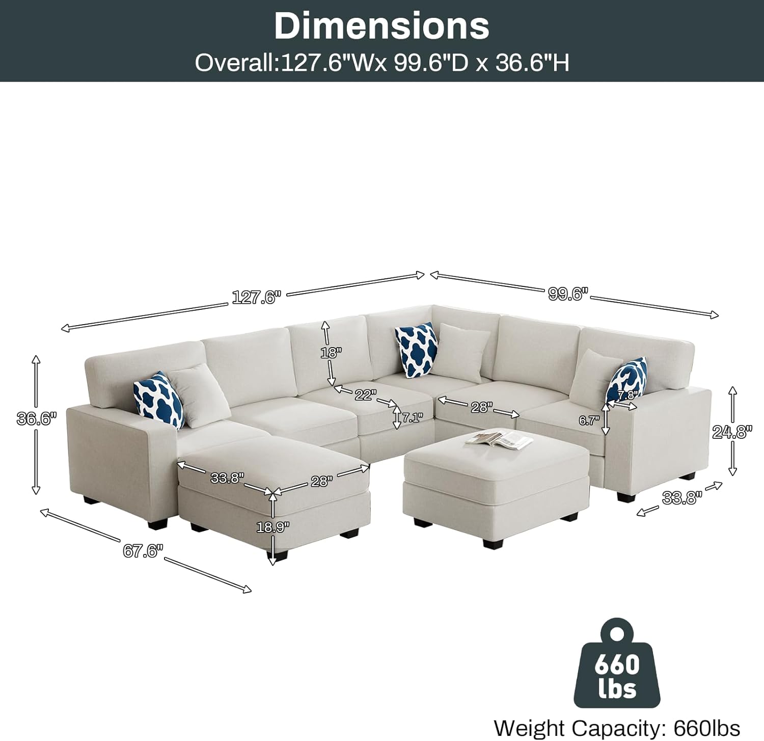 L Lengend Vansen Modular Sectional Sofa U Shaped Couch with Ottoman Modern Reversible Corner