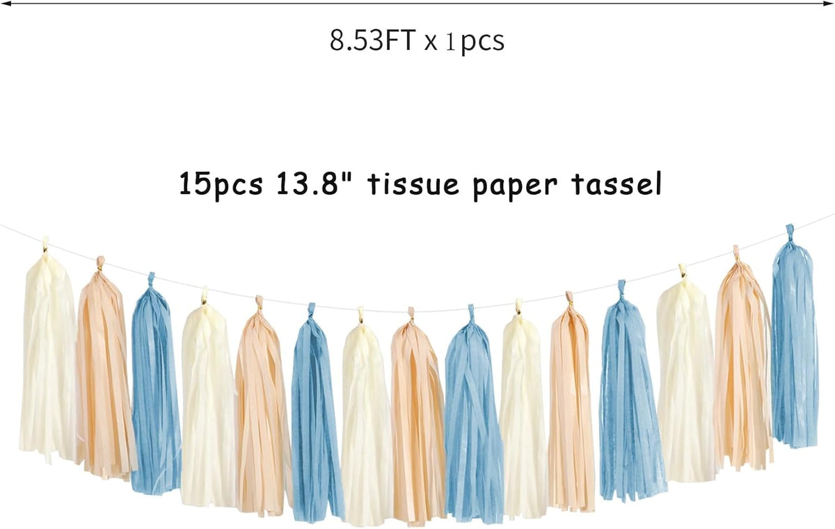 Dusty-Blue Baby-Shower Party-Decorations Tassel-Garland - 15pcs Neutral Boho Birthday Wedding