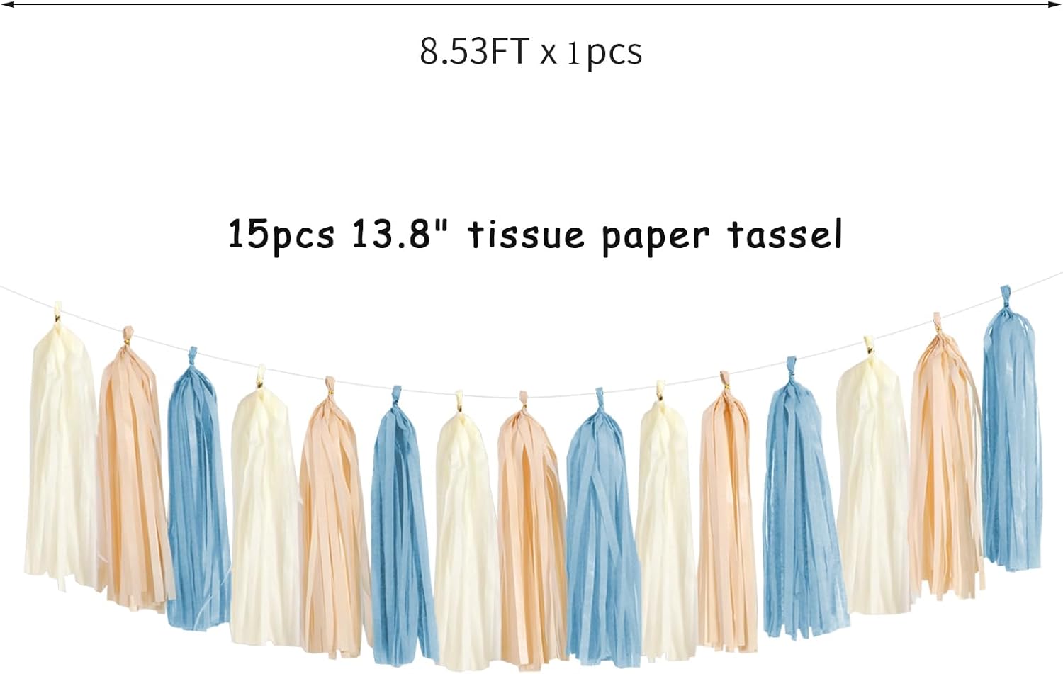 Dusty-Blue Baby-Shower Party-Decorations Tassel-Garland - 15pcs Neutral Boho Birthday Wedding