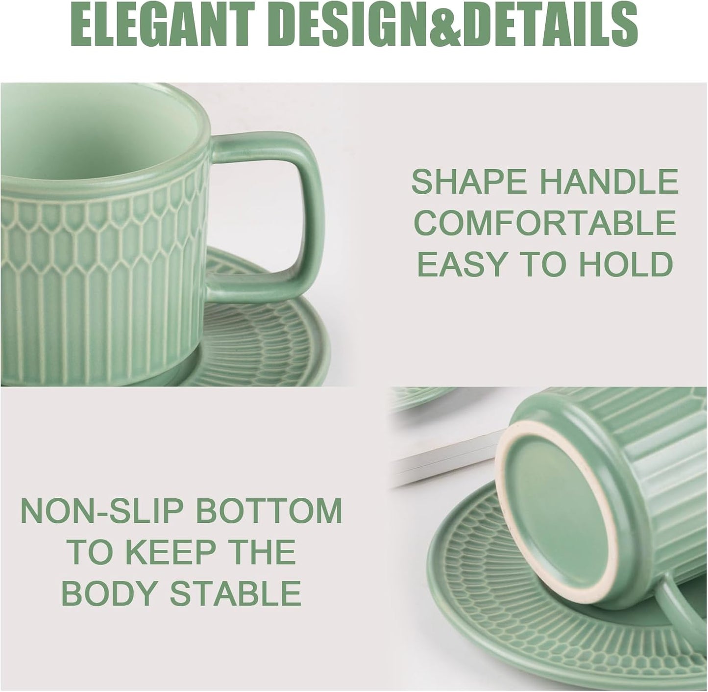 Large Cappuccino Cups with Saucers Set of 4, 8 Ounce Stackable Embossed Ceramic Coffee Mugs for