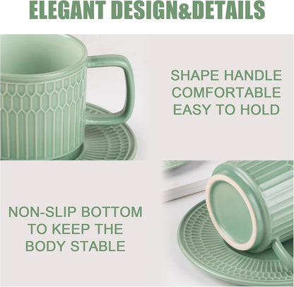 Large Cappuccino Cups with Saucers Set of 4, 8 Ounce Stackable Embossed Ceramic Coffee Mugs for