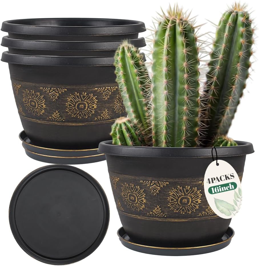 4 Pack 16 inch Plant Pots, Retro Pattern Planters with Drainage Holes and Saucer, Sturdy Plastic