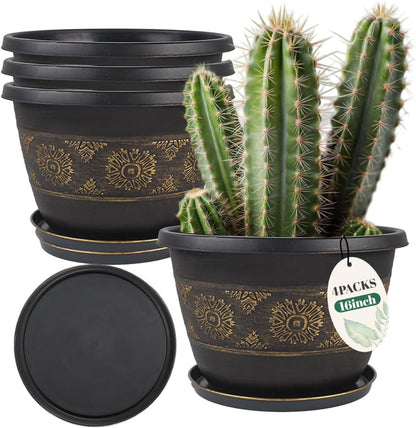 4 Pack 16 inch Plant Pots, Retro Pattern Planters with Drainage Holes and Saucer, Sturdy Plastic