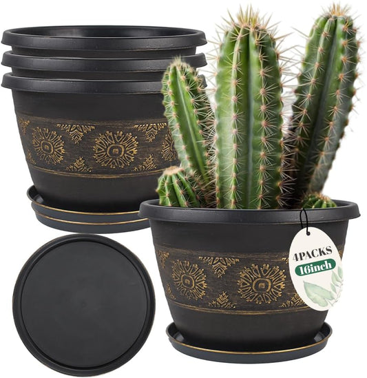 4 Pack 16 inch Plant Pots, Retro Pattern Planters with Drainage Holes and Saucer, Sturdy Plastic