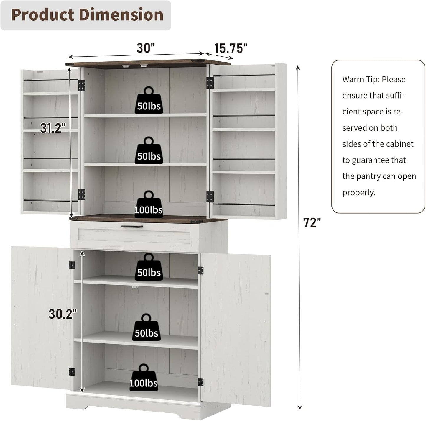 72'' Kitchen Storage Pantry Cabinet, Tall Storage Cabinet with 8 Door Shelves, 2 Cabinets and 1
