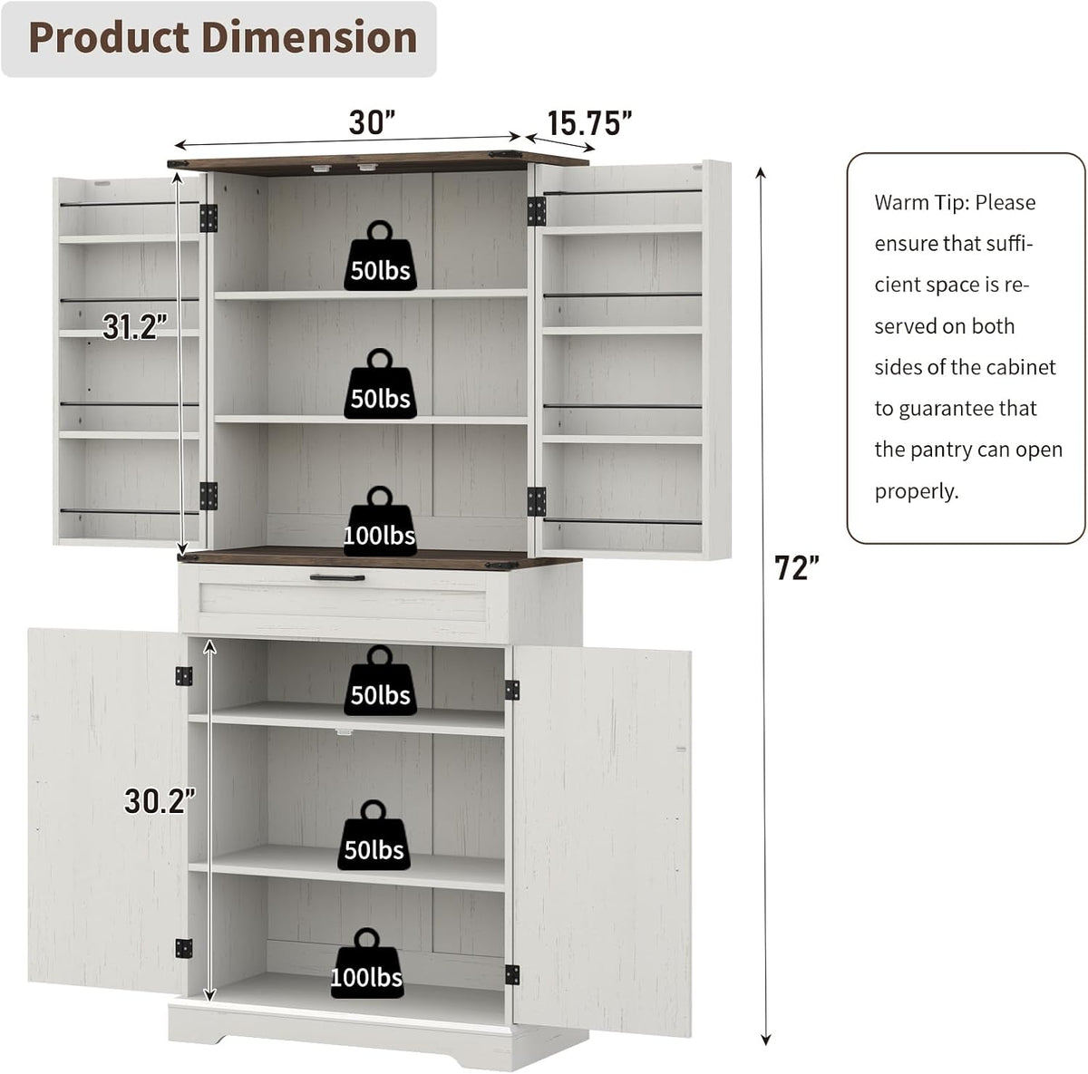 72'' Kitchen Storage Pantry Cabinet, Tall Storage Cabinet with 8 Door Shelves, 2 Cabinets and 1
