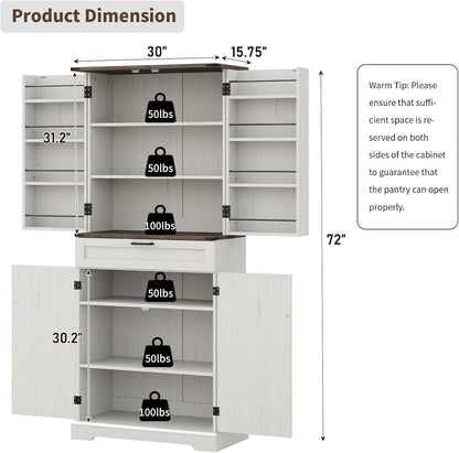 72'' Kitchen Storage Pantry Cabinet, Tall Storage Cabinet with 8 Door Shelves, 2 Cabinets and 1