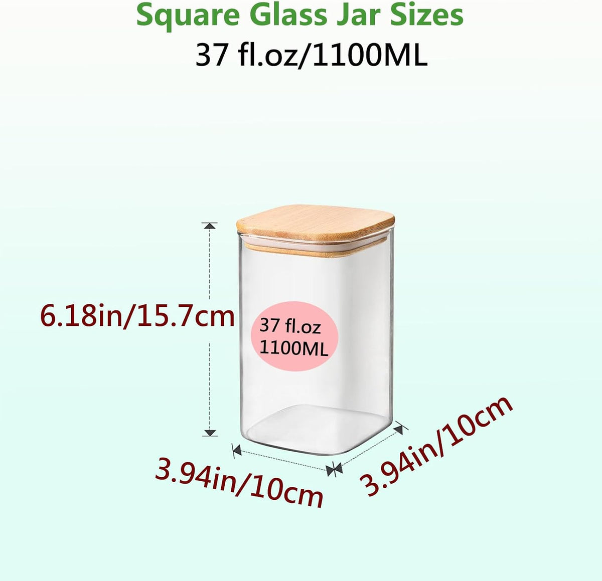 Square Glass Jars Canister with Wood Lid 37 FL OZ [Set of 4], Container Jar with Sealing, Lids for
