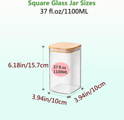 Square Glass Jars Canister with Wood Lid 37 FL OZ [Set of 4], Container Jar with Sealing, Lids for