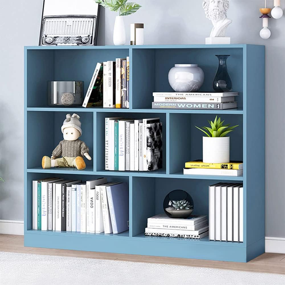 IOTXY Open Shelf Low Bookcase - Wooden 3-Tier Floor Standing Display Cabinet Organizer with Base, 7