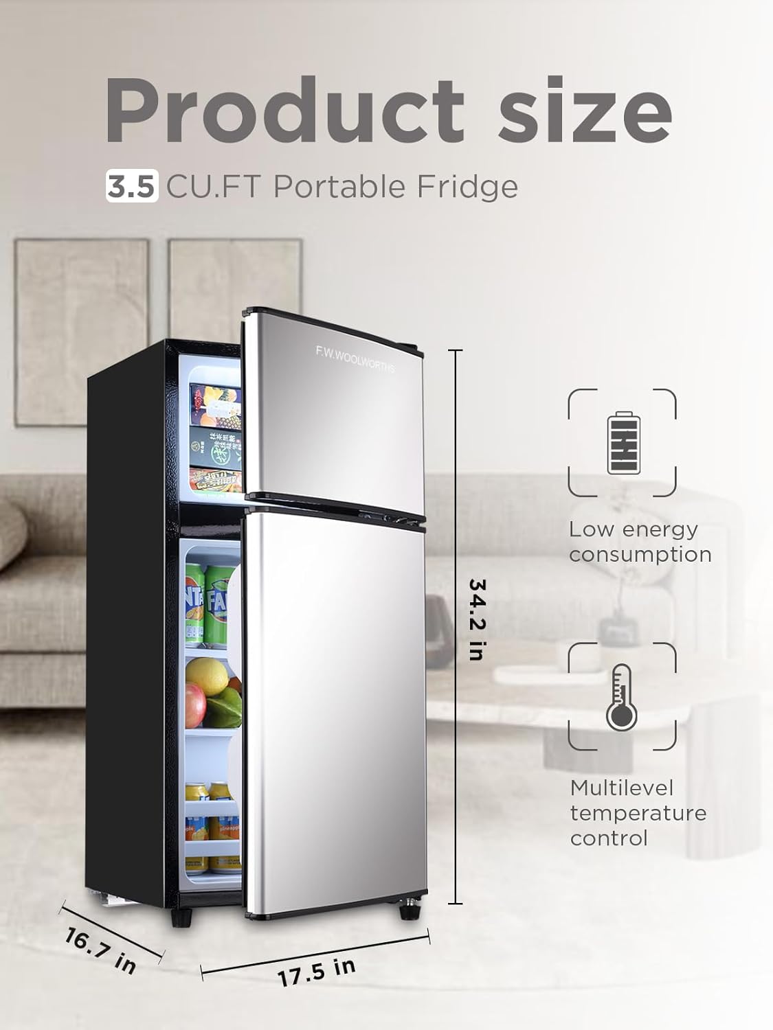 Compact Refrigerator with Freezer, 3.5 cu ft Countertop Mini Fridge with Adjustable Mechanical