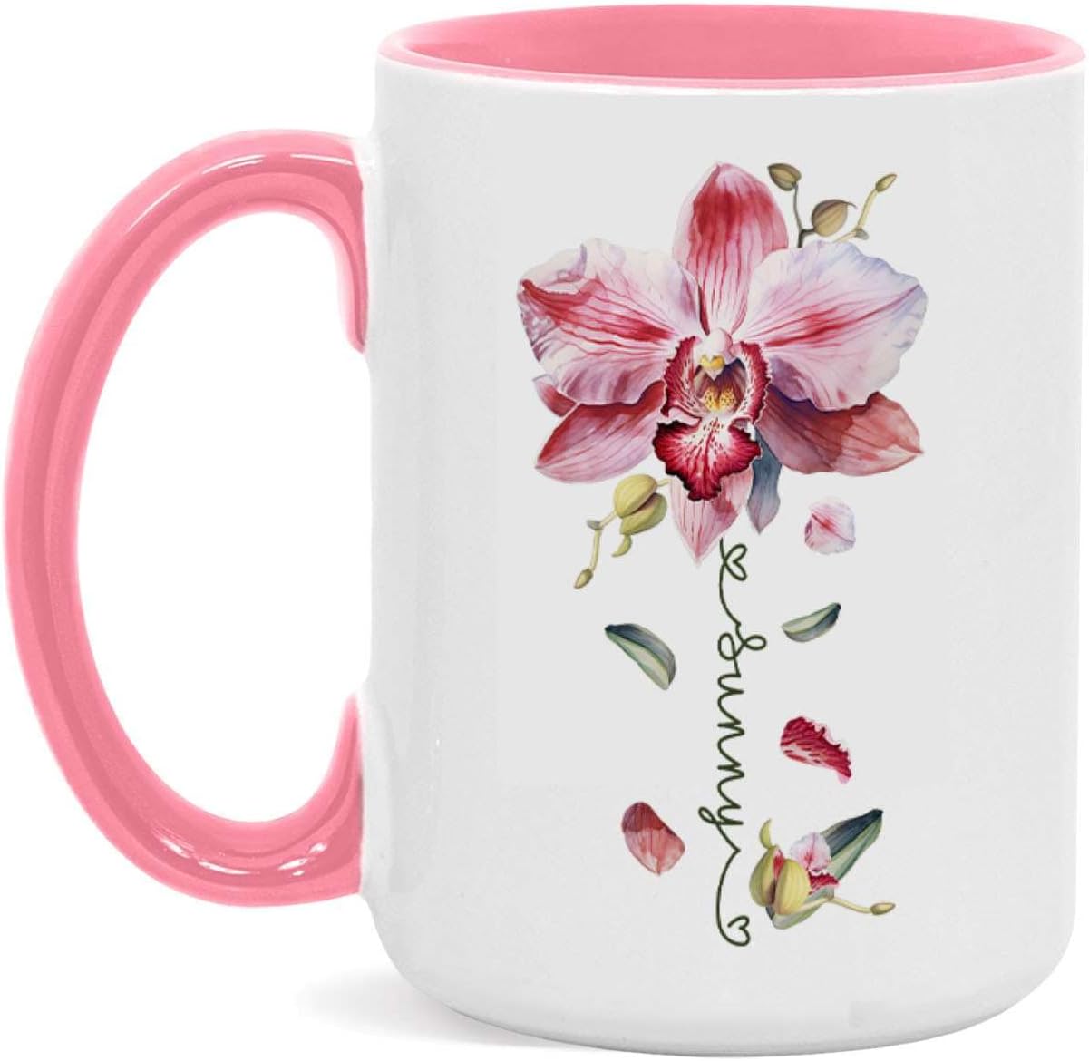 Novelty Coffee Cup With Orchid Design, Personalized Name Flower Accent Mug, Custom Orchid Flower