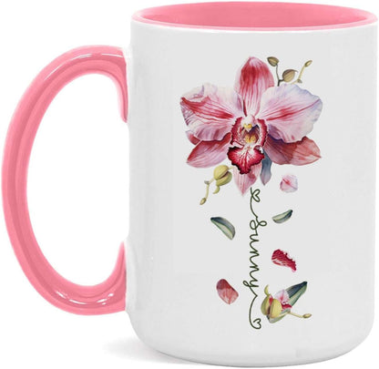 Novelty Coffee Cup With Orchid Design, Personalized Name Flower Accent Mug, Custom Orchid Flower