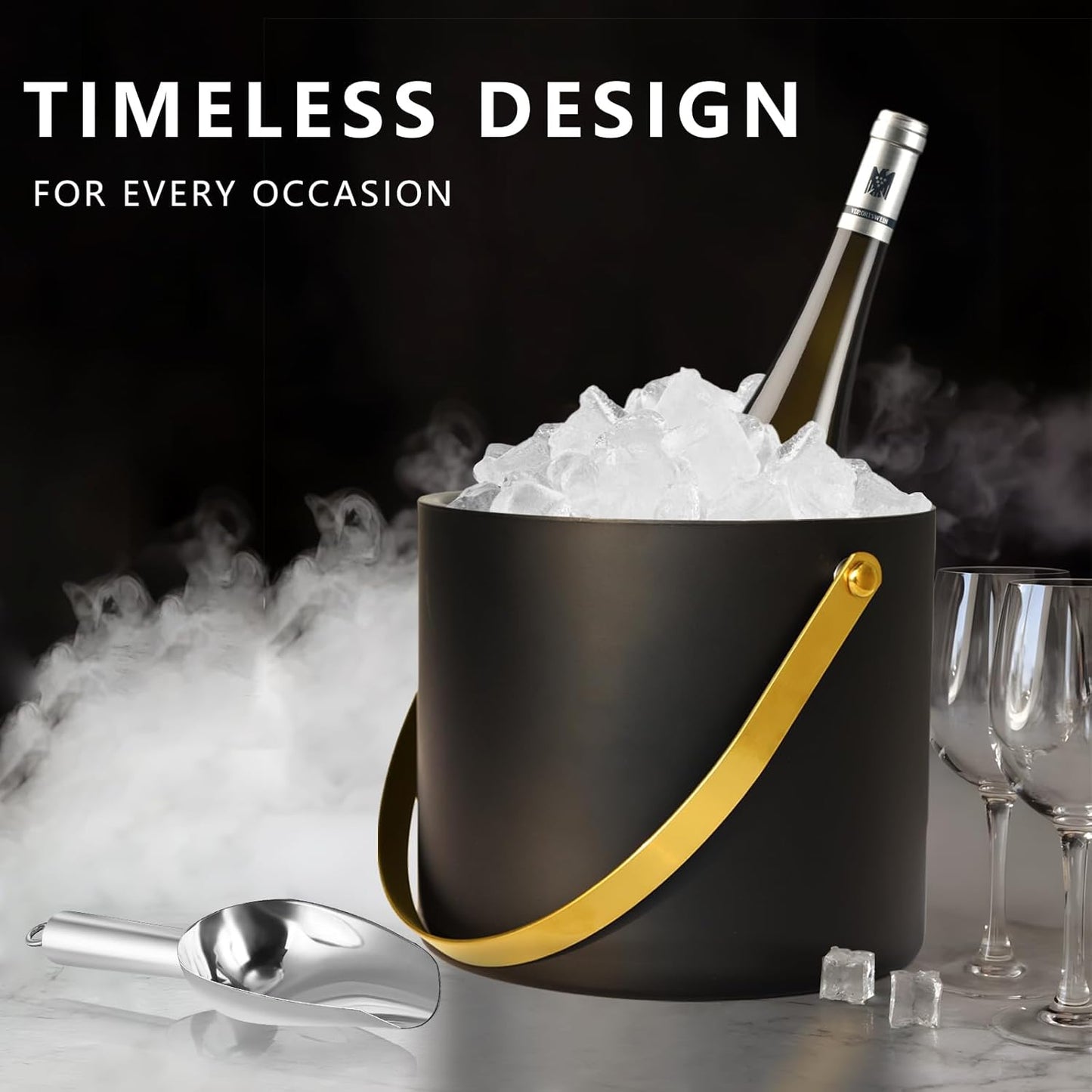 4L Ice Bucket with Silicone Lid, Scoop, Gold Tongs & Strainer, Stainless Steel Double Wall