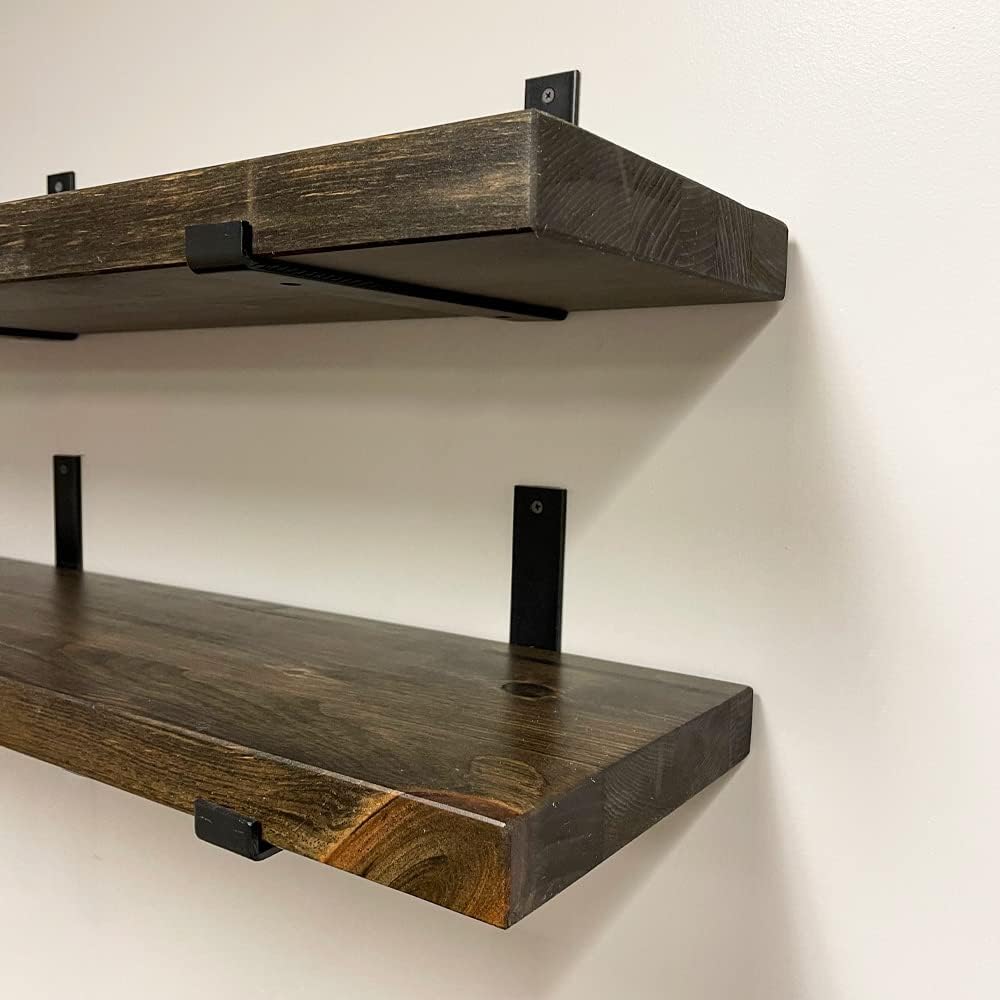 Rustic Shelves with J-Brackets Set of 2, Industrial Shelf, Kitchen Shelves, Solid Wood, Decorative
