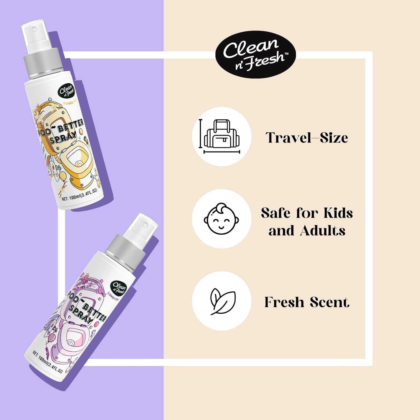 Clean-n-Fresh Toilet Spray 6.8 Fl.Oz, Vanilla Scent, Natural Plant Essential Oil Air Freshener &