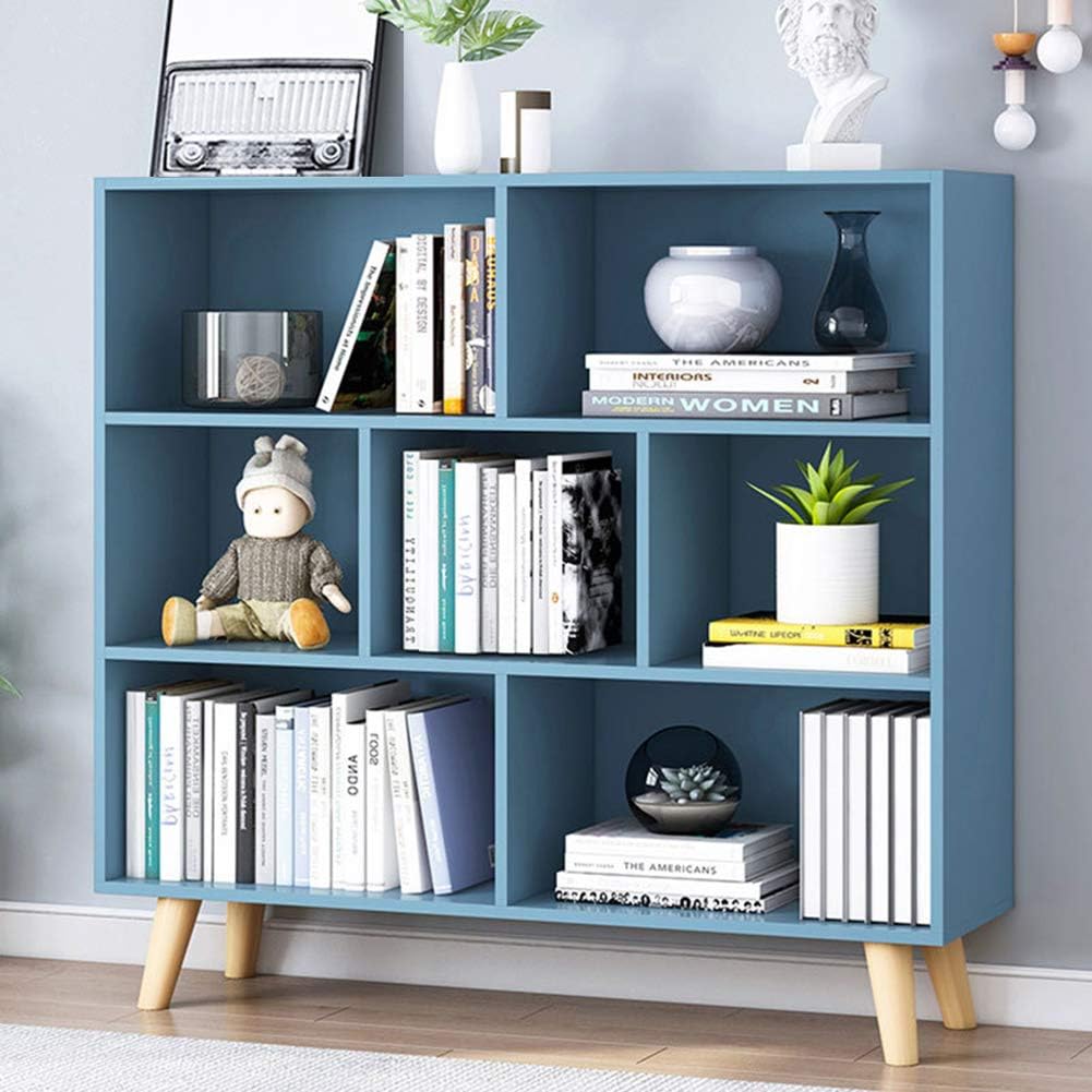 IOTXY Wooden Open Shelf Bookcase - 3-Tier Floor Standing Display Cabinet Rack with Legs, 7 Cubes