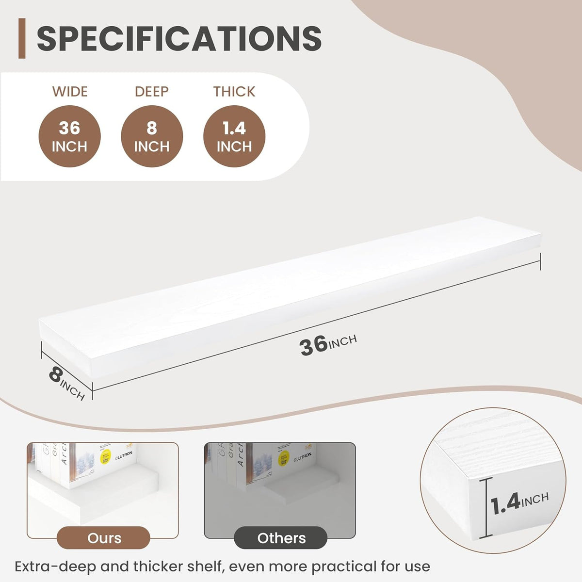 36 Inch Floating Shelves, 8 Inch Deep Floating Shelves for Wall, Hanging Shelf with Invisible