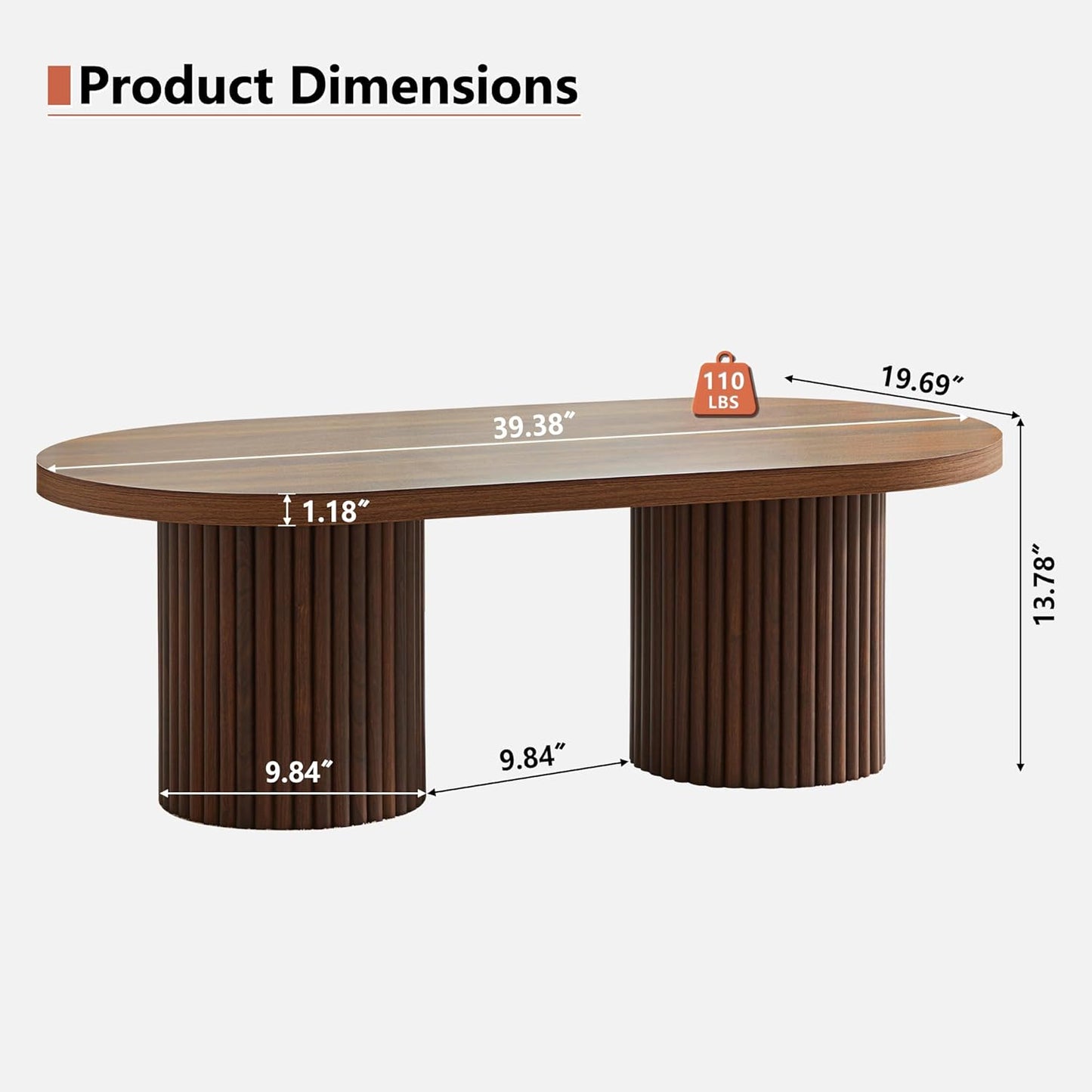 Oval Fluted Coffee Table, Farmhouse Wood Coffee Table Mid Century Modern Center Table Boho Living