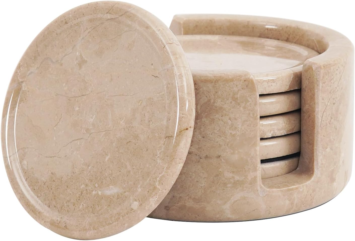 Marble Coasters Set of 6 Verona 3.5 Inch Round Coaster for Drinks with Holder, Drink Coaster for