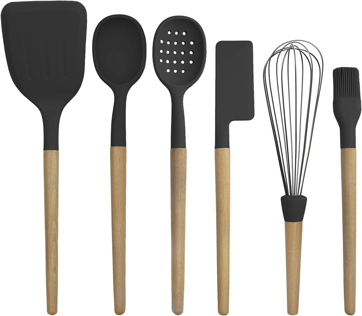 Country Kitchen Non Stick Silicone Utensil Set with Rounded Wood Handles for Cooking and Baking, 6