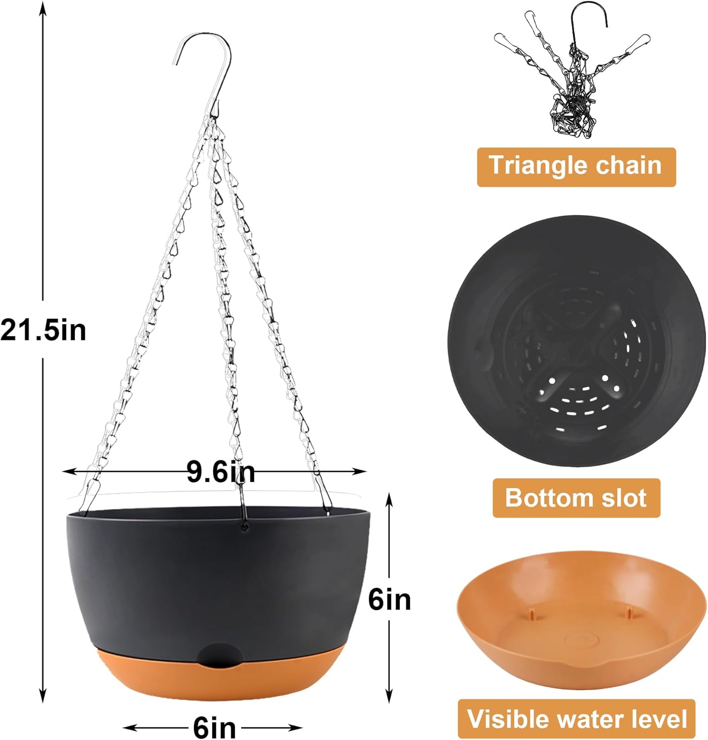 10 inch Plant Pot Hanging Planters Self Watering Pots for Indoor Plants, 3 Pack Plastic Hanging