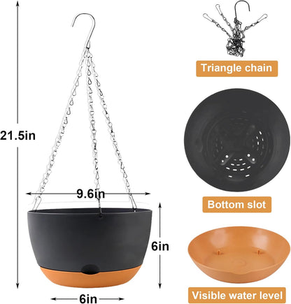10 inch Plant Pot Hanging Planters Self Watering Pots for Indoor Plants, 3 Pack Plastic Hanging