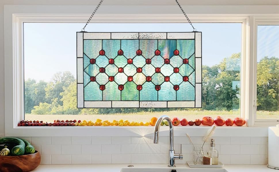 Tiffany Stained Glass 19.25" x 11.75" Window Panel, 100% Genuine Stained Glass and Cabochon