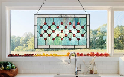 Tiffany Stained Glass 19.25" x 11.75" Window Panel, 100% Genuine Stained Glass and Cabochon