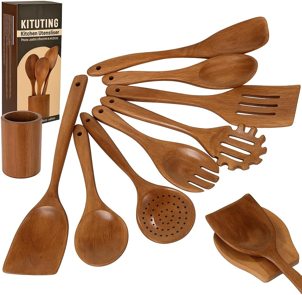 Wooden Spoons for Cooking Set of 10 - Cooking Utensils with Spoon Rest & Holder – Comfortable Grip