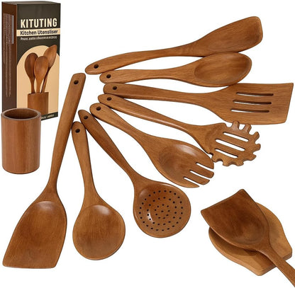 Wooden Spoons for Cooking Set of 10 - Cooking Utensils with Spoon Rest & Holder – Comfortable Grip