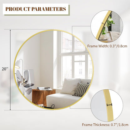 BEAUTYPEAK 20 Inch Round Mirror, Metal Frame Circle Mirror, Wall Mounted for Entryway, Bathroom