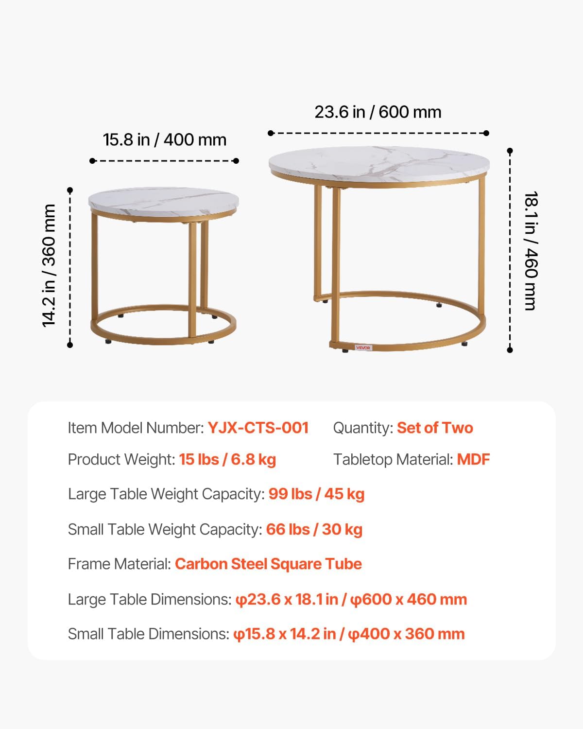 VEVOR Nesting Tables, Coffee Table Set of 2, 23.6 inch Round Coffee Table, Small Coffee Tables