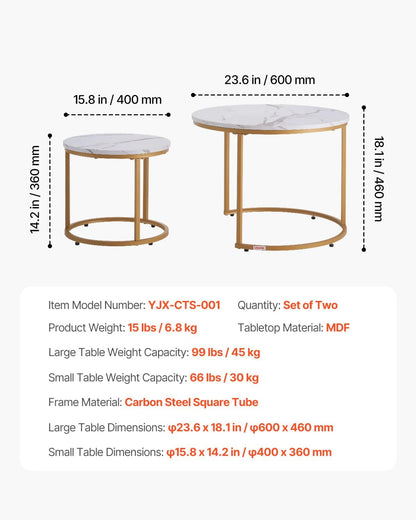 VEVOR Nesting Tables, Coffee Table Set of 2, 23.6 inch Round Coffee Table, Small Coffee Tables