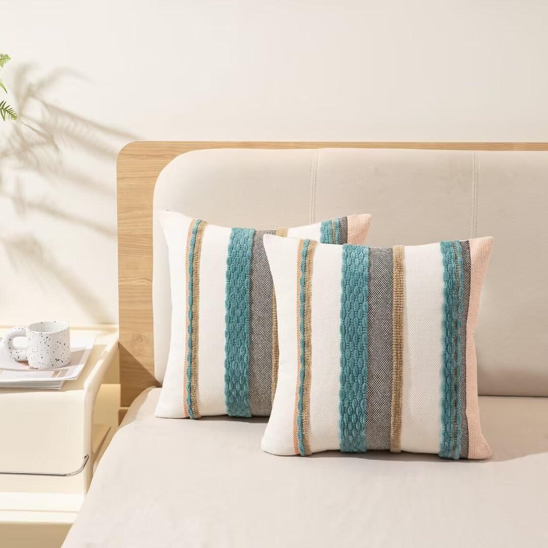 Boho Throw Pillow Covers 18x18 Set of 2 Farmhouse Decorative Cushion Case Striped Square Pillows