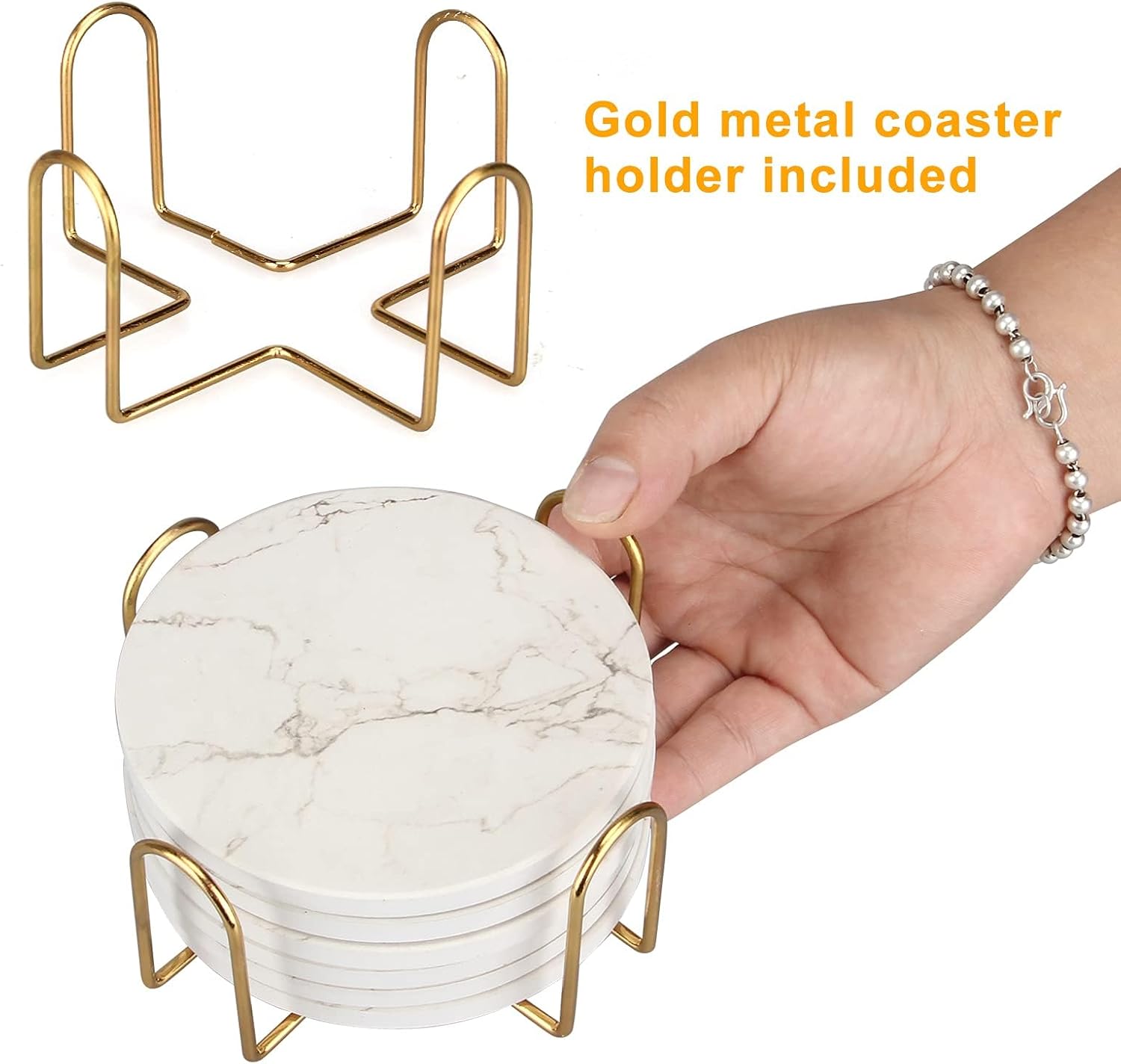 6 Pack White Marble Coaster Set with Holder Absorbent Drink Coasters Ceramic Cute Coaster Bar