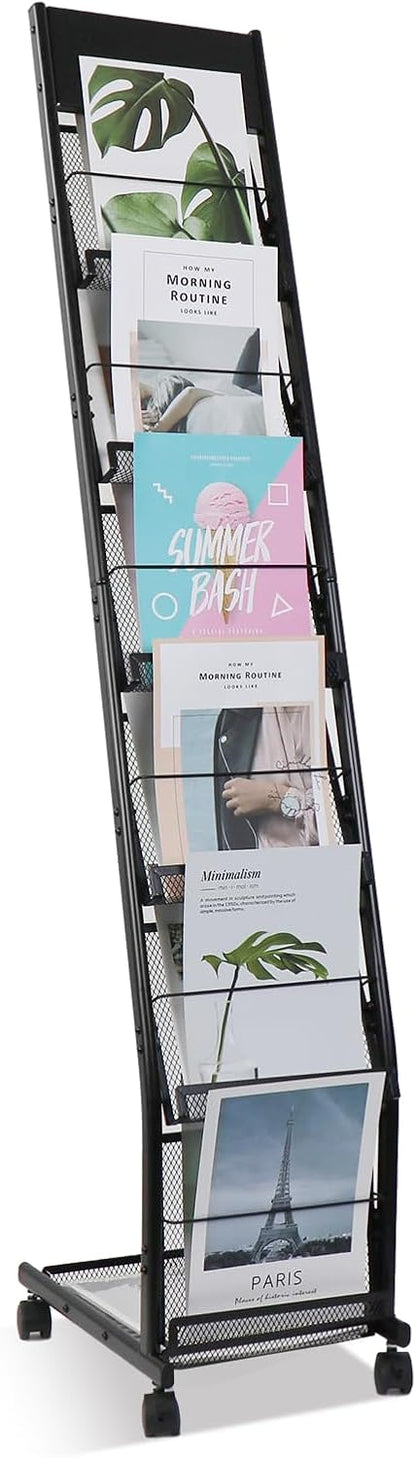 Floor-Standing Magazine Rack 6-Layer with Wheels, Brochure Display Stand for Exhibitions, Office