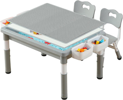 Multi Functional Kids Table and 2 Chairs Set, Graffiti & Building Blocks Double-Sided Tabletop