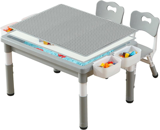 Multi Functional Kids Table and 2 Chairs Set, Graffiti & Building Blocks Double-Sided Tabletop