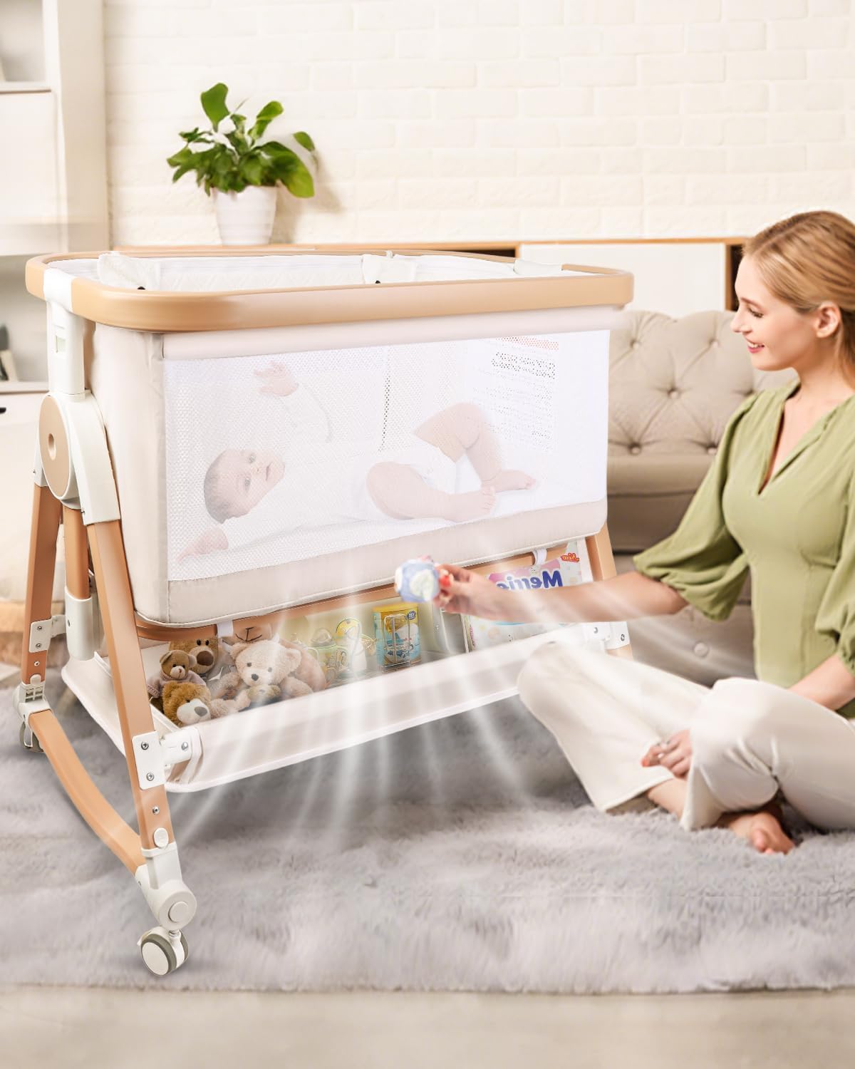4 in 1 Baby Bassinet, Bassinets Bedside Sleeper with Wheels and Storage Basket, Adjustable 7
