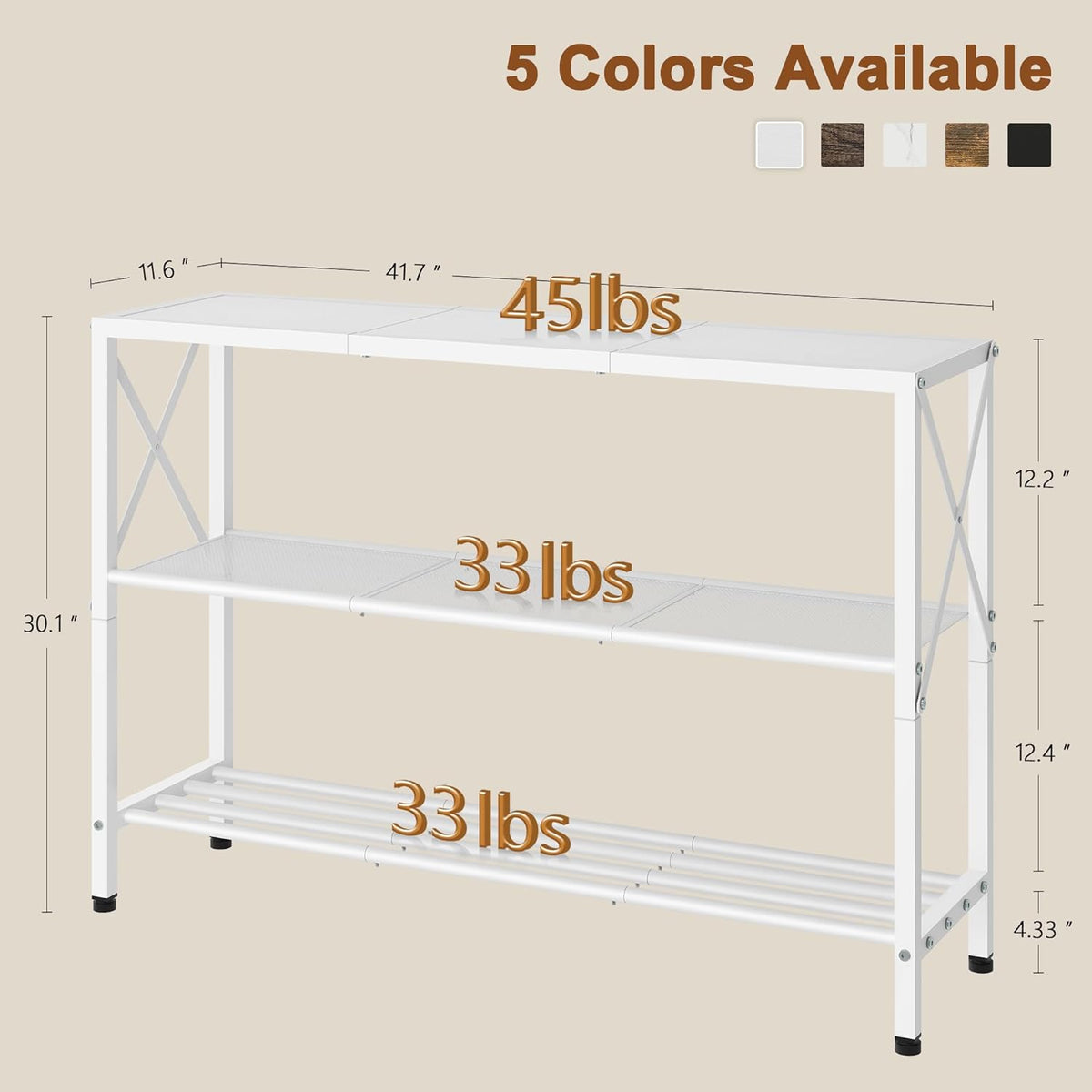 Hoctieon White Industrial Console Table, 3 Tier Entryway Tables, Hallway Desk, Narrow Sofa Tables
