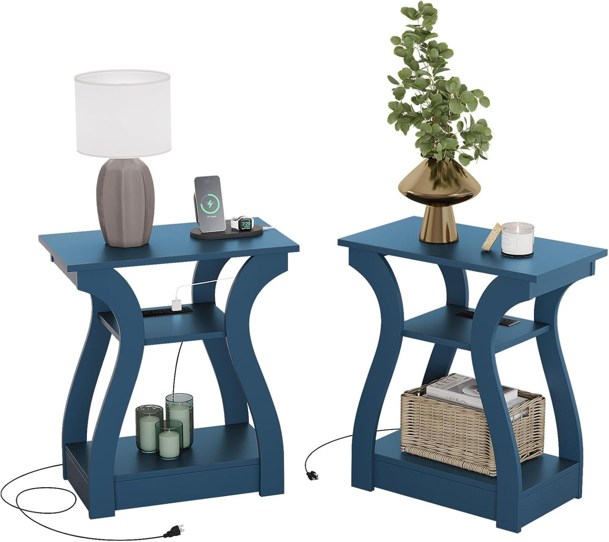 End Tables Living Room Set of 2,End Table with Charging Station and USB,Navy Blue Side Table