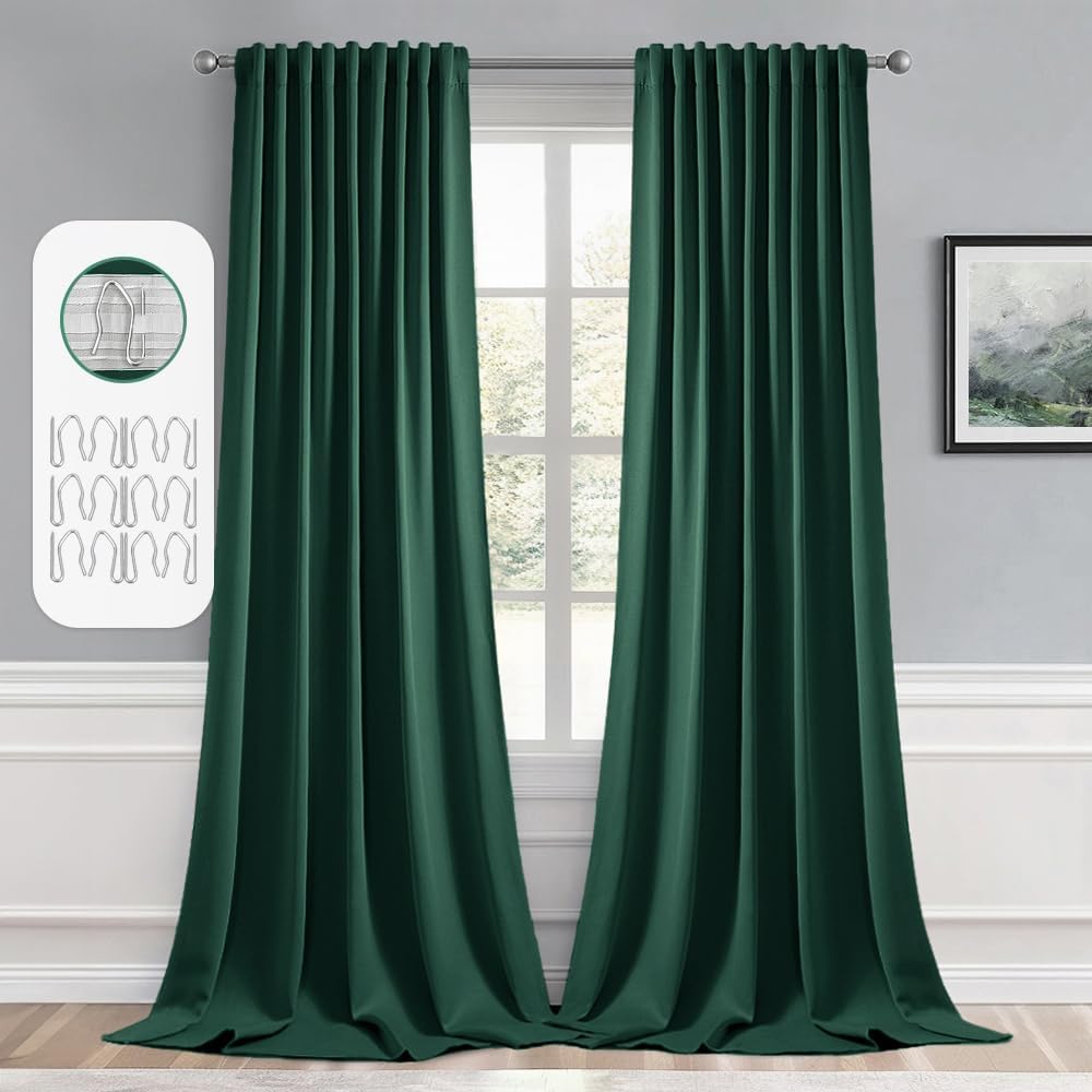 MIULEE Hunter Green Back Tab Blackout Curtains 108 Inch Long 2 Panels Set for Living Room Bedroom