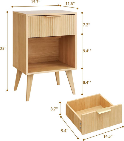 Fluted Night Stand with Opening Storage,Mid Century Bedside Table with Drawer,Wood Nightstand with