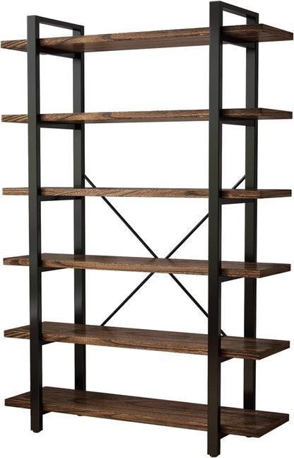 Solid Wood Bookcase and Book Shelves Wood and Metal Shelving Unit 6 Tier Bookshelf Modern Rustic