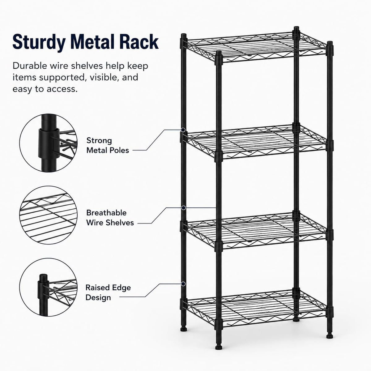 Orchidleaf 4 Tier Storage Shelves, Metal Wire Shelving Unit, Heavy Duty Adjustable Shelf Rack for